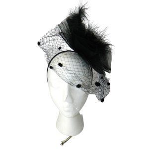 Black Fascinator Hat Feather Veil Flower Headband Or Pin Birdcage Fishnet Chic